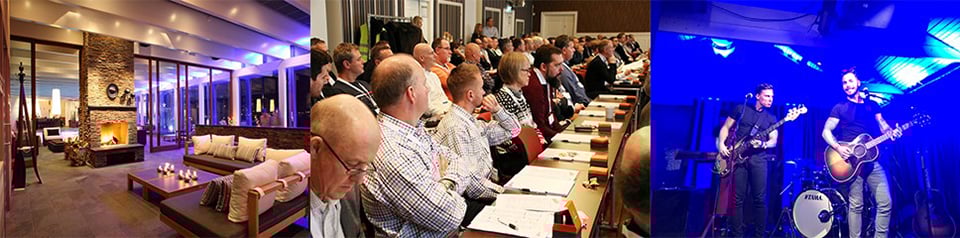 Interi&ouml;r av en hotelllobby med &ouml;ppen spis och sittplatser; ett konferensrum med personer som lyssnar; en scen med musiker som spelar gitarr och basgitarr.