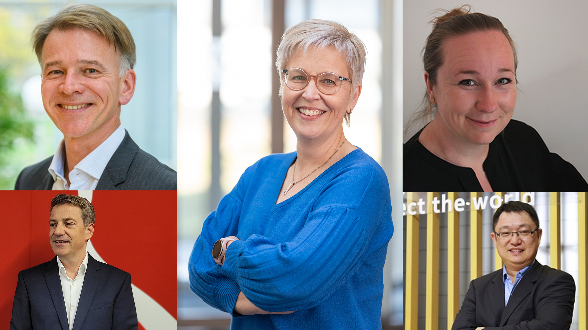 Group portrait of five diverse business professionals smiling confidently, showcasing teamwork and leadership in a modern office environment