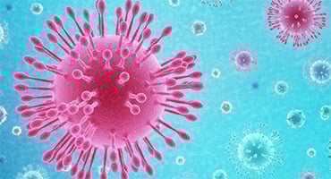 Illustration av viruspartiklar mot en blå bakgrund.