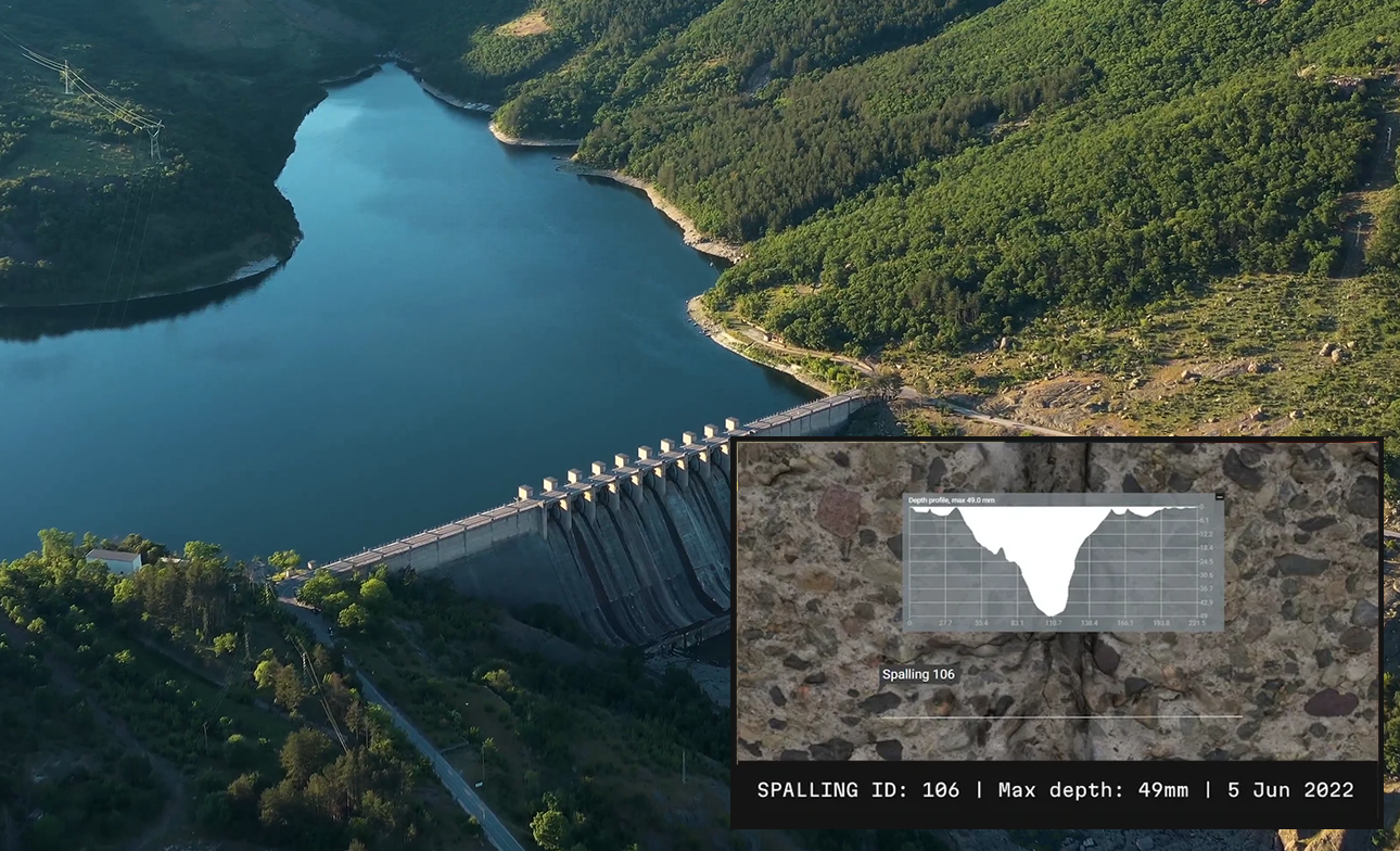 Aerial view of a dam with a body of water surrounded by lush green hills. An inset shows a spalling depth chart with a maximum depth of 49mm, dated June 5, 2022