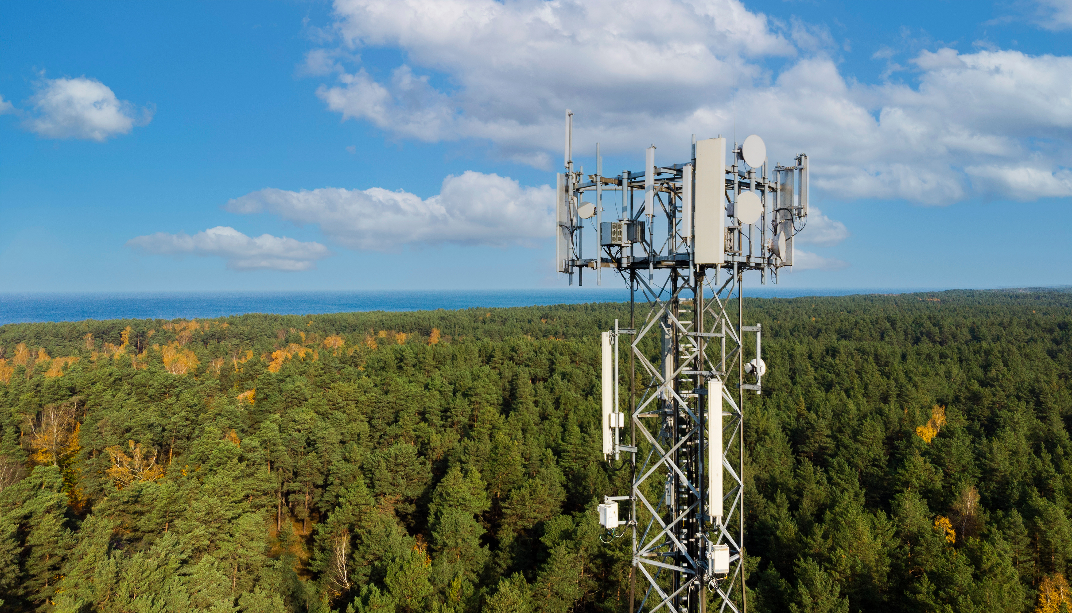 Cell tower in a forested area under a blue sky with clouds, illustrating telecommunication infrastructure in natural settings