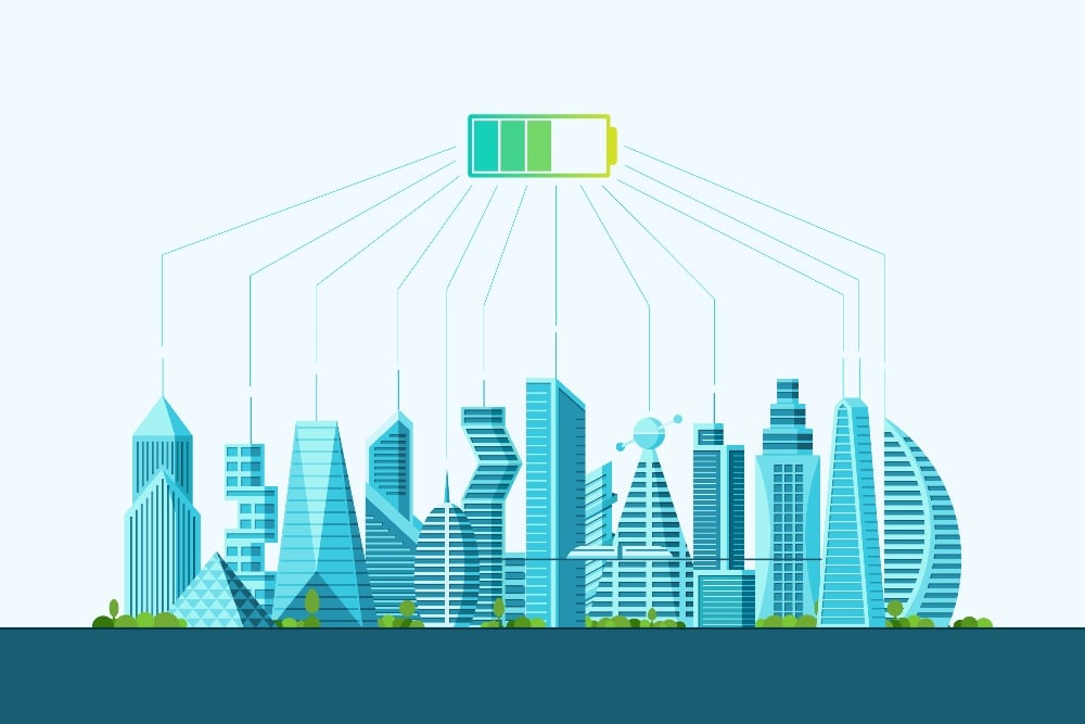 Graphic depiction of a metropolis all being powered by a singular battery, and operating effeciently