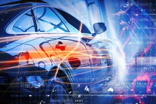 Automotive surrounded by a futuristic display of numerical system of quality measurements