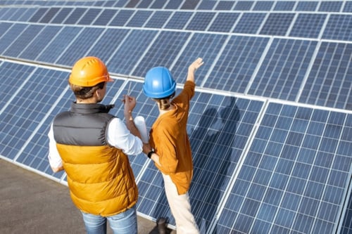two engineers observing a row of solar panels