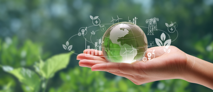 Hand holding a transparent globe with sustainable energy icons, symbolizing environmental conservation and renewable energy on a blurred green background