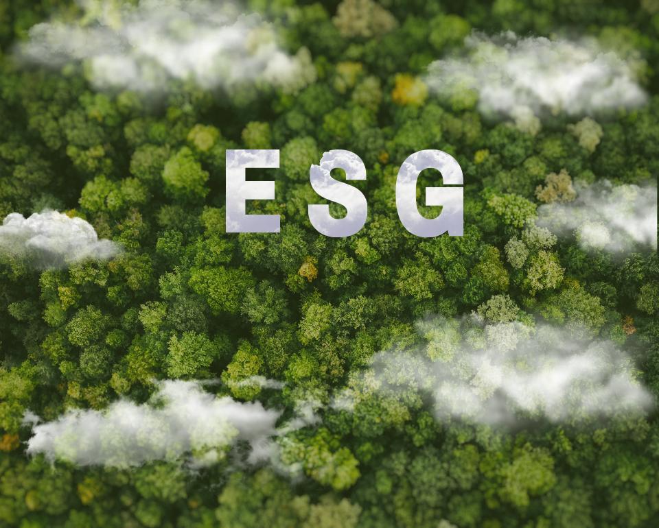ESG letters over a lush green forest with clouds