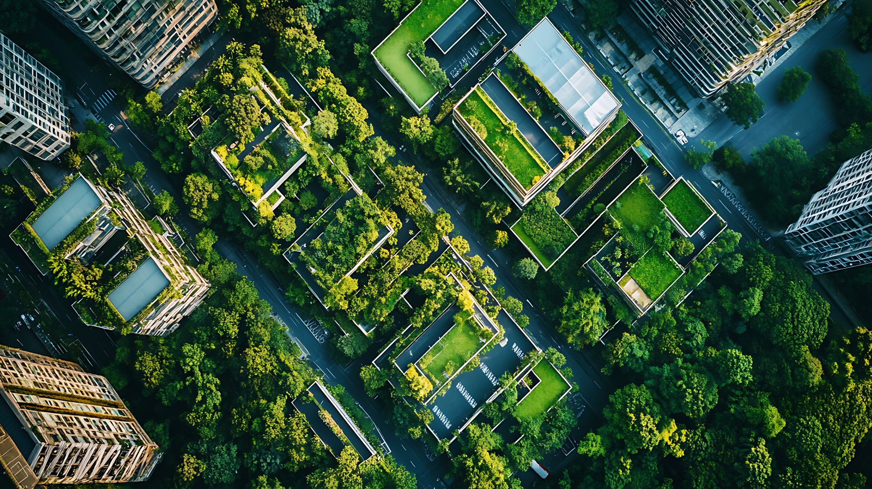 Aerial view of a cityscape with green rooftops and lush trees, showcasing urban sustainability and eco-friendly architecture