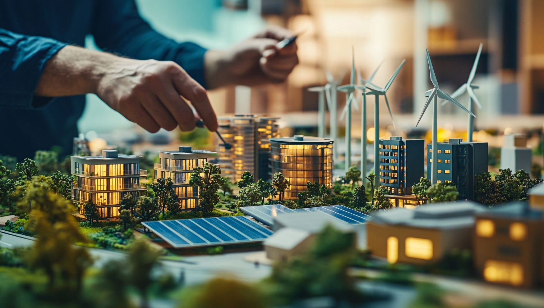 Scale model showing office buidlings, solar panels and wind turbines