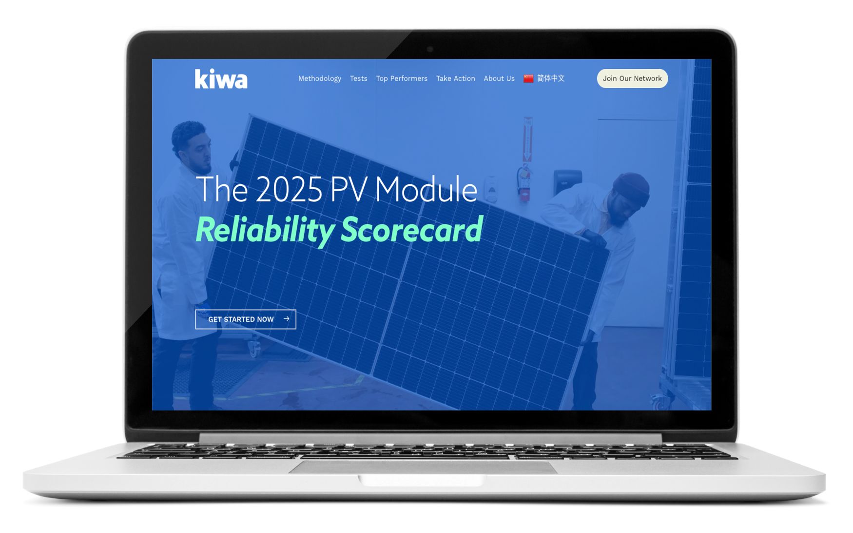 Open laptop showing the 2025 PV Module Reliability Scorecard from Kiwa PVEL