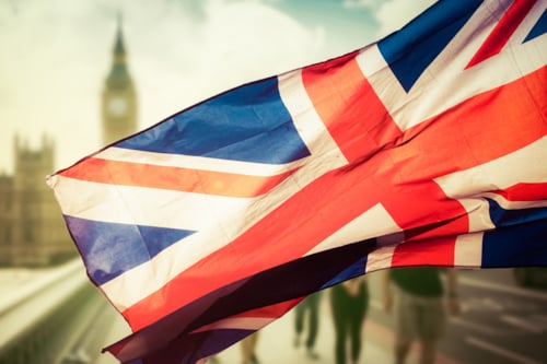 close-up of the English flag with the Big Ben in the background