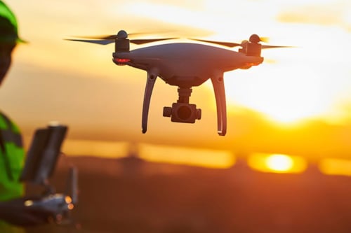 close-up on a drone in the sunset