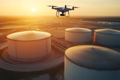 Drone flying over large oil storage tanks at sunset, industrial landscape