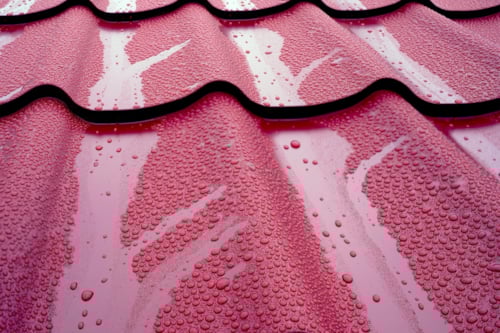 Rode metalen dakpanelen met golvende structuur, bedekt met waterdruppels.