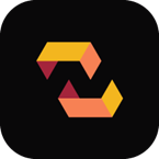 A stylized logo featuring interlocking geometric shapes in orange, yellow, and maroon on a black background.