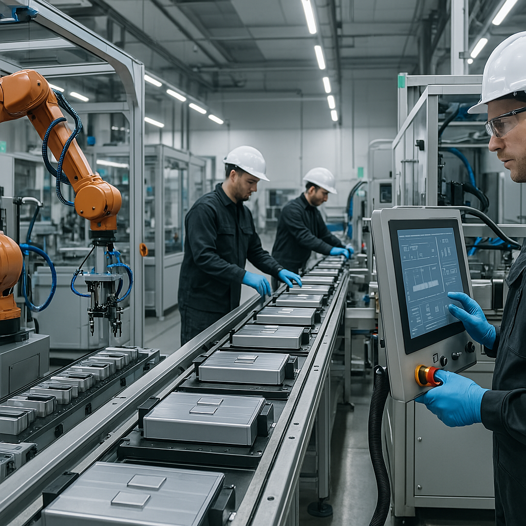 Trabajadores en una fábrica con robots automatizados y una línea de ensamblaje de dispositivos electrónicos, usando guantes y cascos de seguridad.