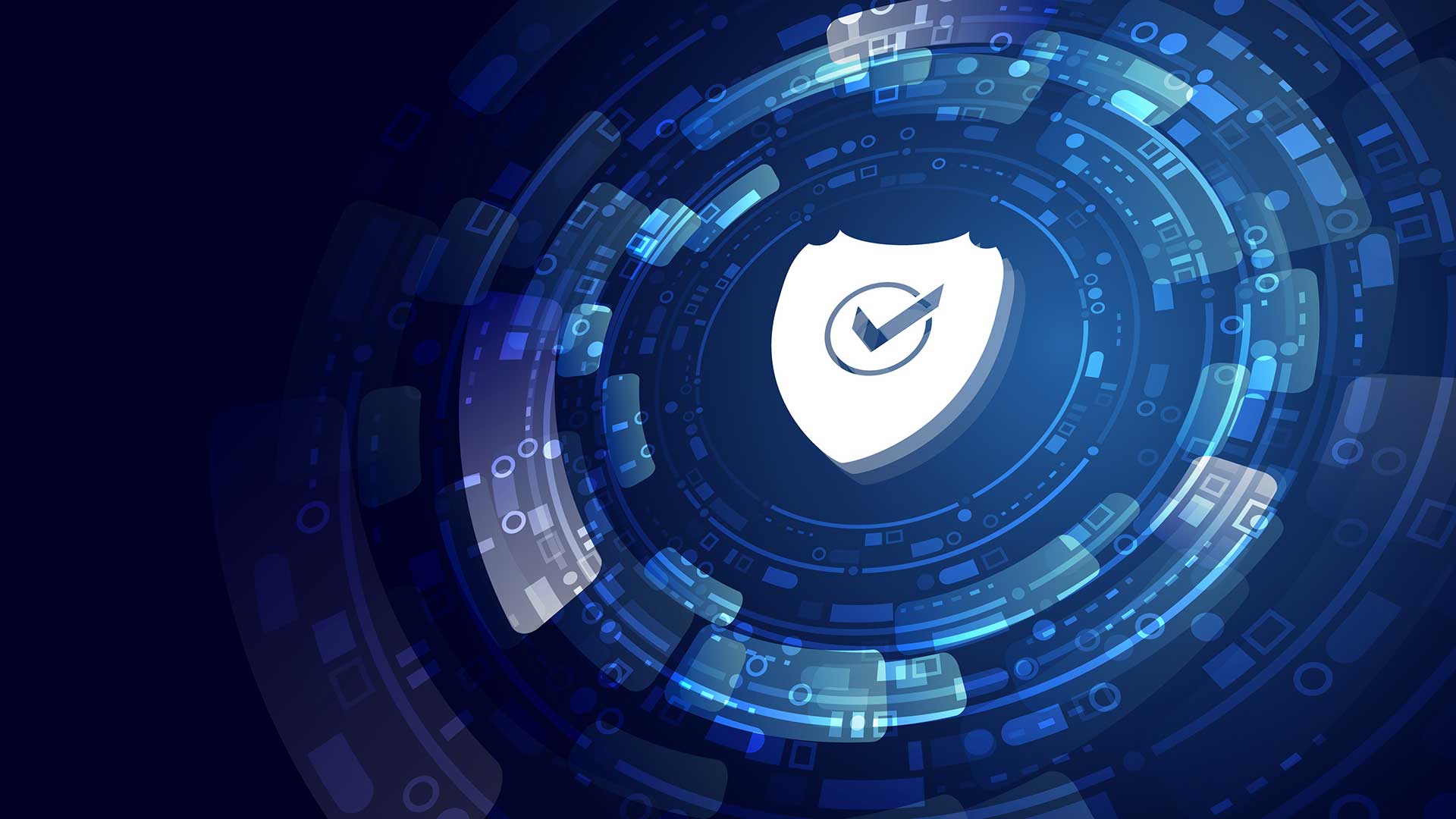 Illustration: för internetsäkerhet med sköld och högteknologiska element i bakgrunden för att illustrera Cybersäkerhet, informations- eller nätverksskydd.